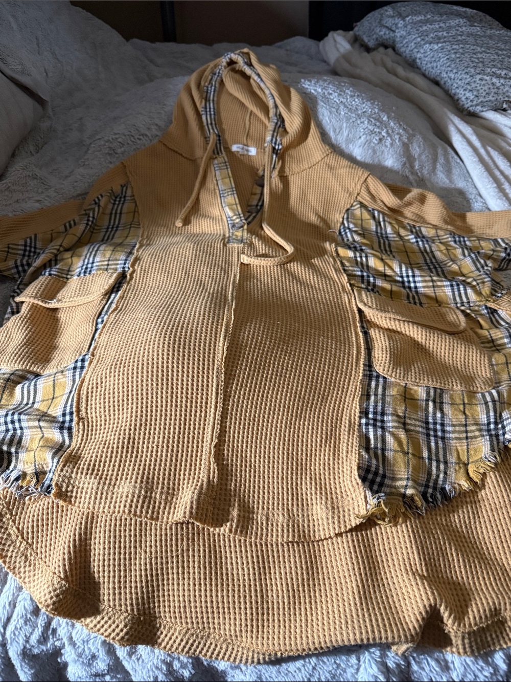 Oli & Hali Mustard Yellow Waffle-Knit Hoodie with Plaid Panels